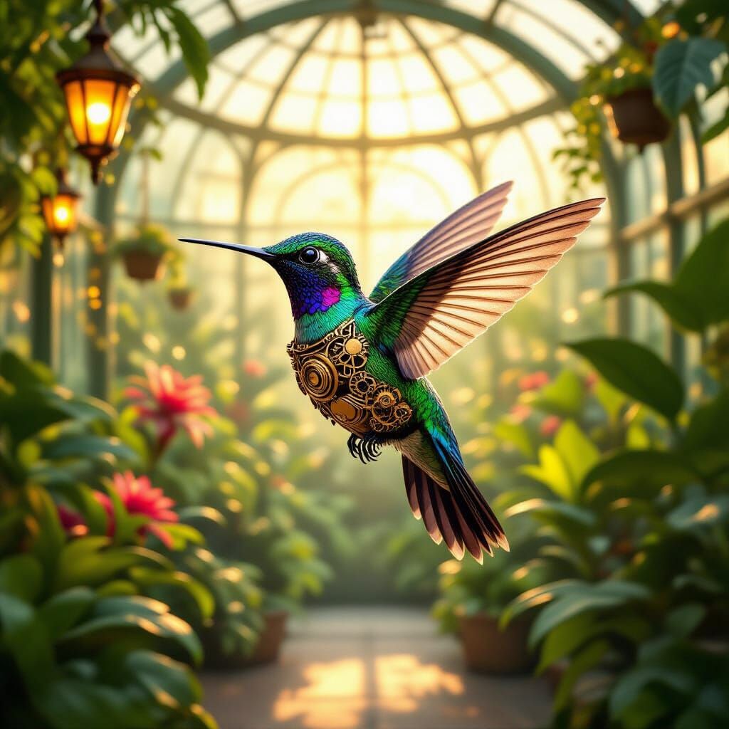 Steampunk Hummingbird in Victorian Greenhouse