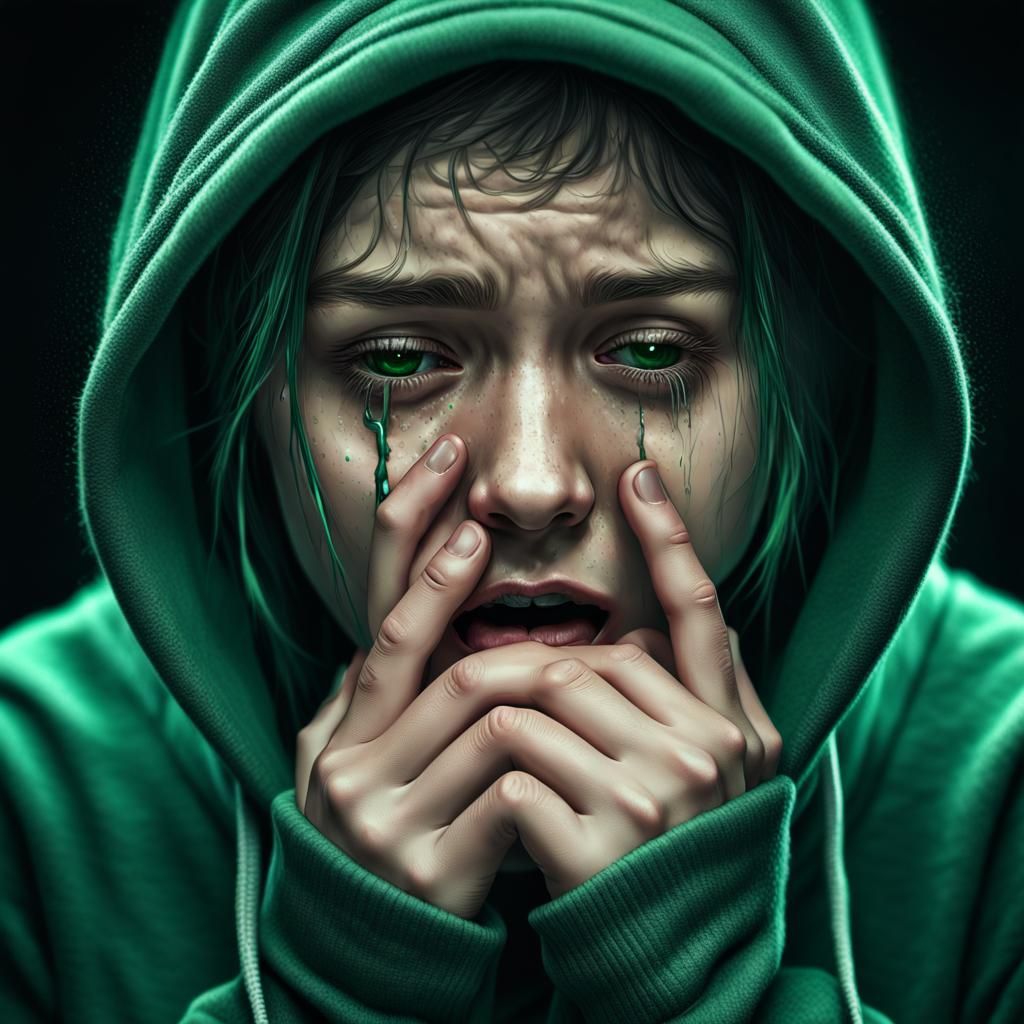 Girl Crying Green Tears in Hyperrealistic Style