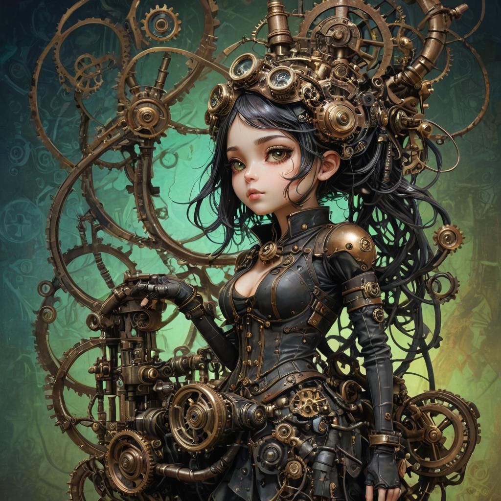 Steampunk Chibi Silhouette in Oil Painting Style