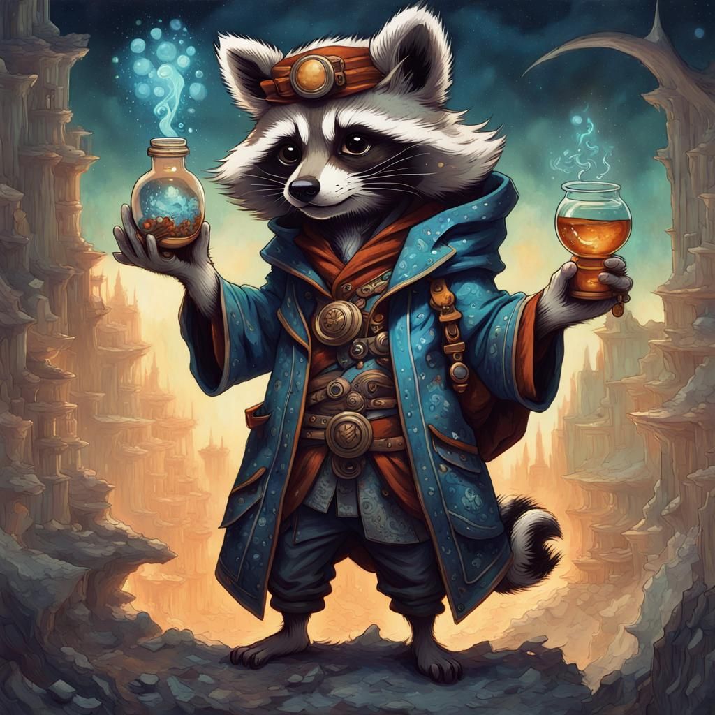 Anime Raccoon Alchemist with Potion in Oil Painting Style
