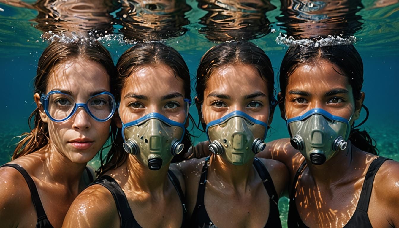 Striking Portrait of Three Figures Underwater