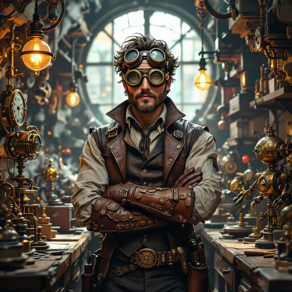 Steampunk Inventor in Workshop, Art Nouveau Digital Painting