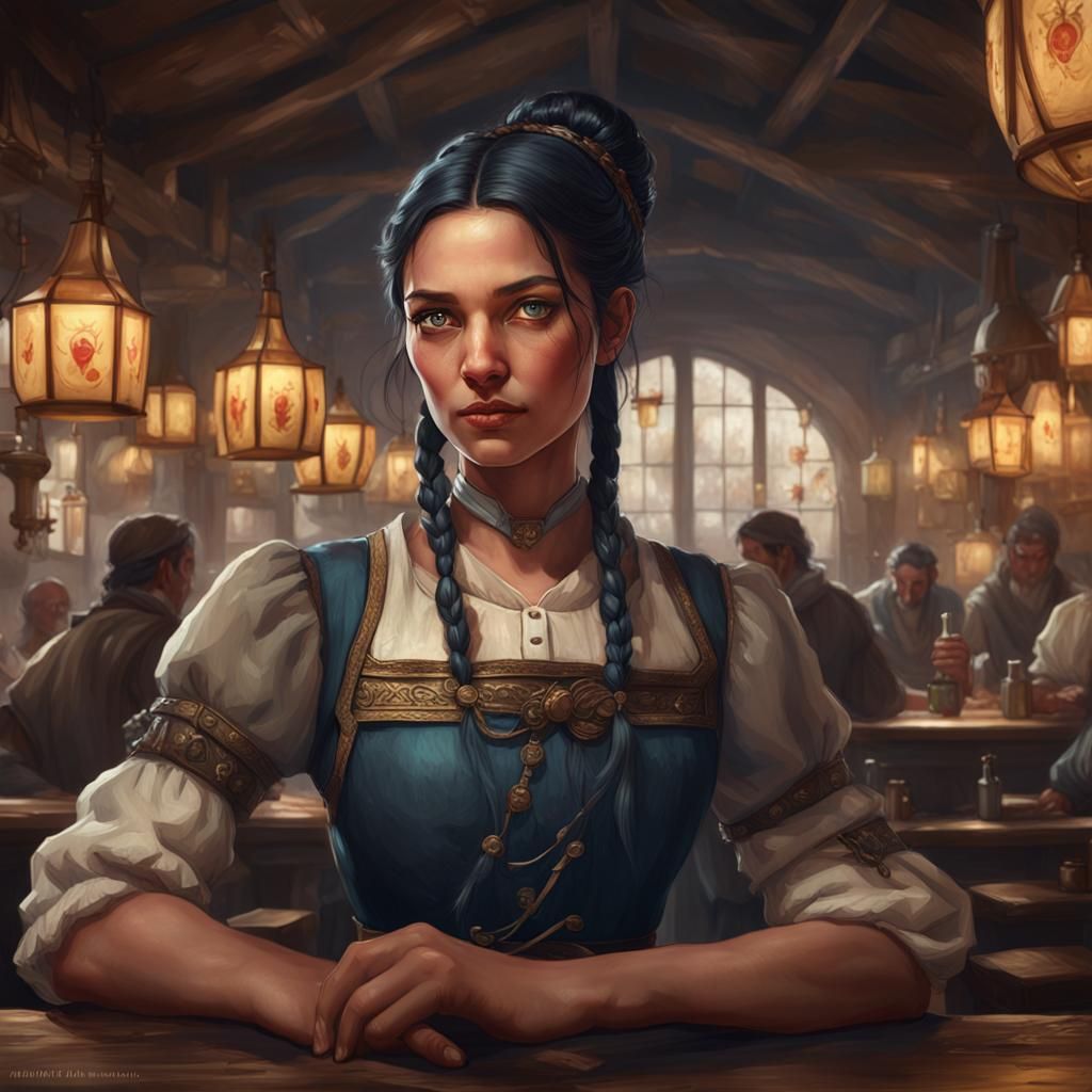 Medieval Tavern Waitress Portrait in Art Nouveau Style