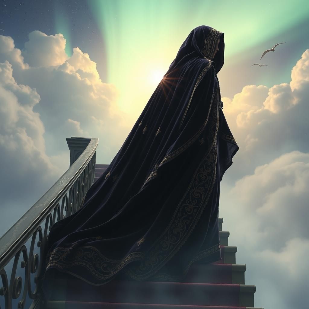 Mystical Woman Ascending Staircase to Heaven