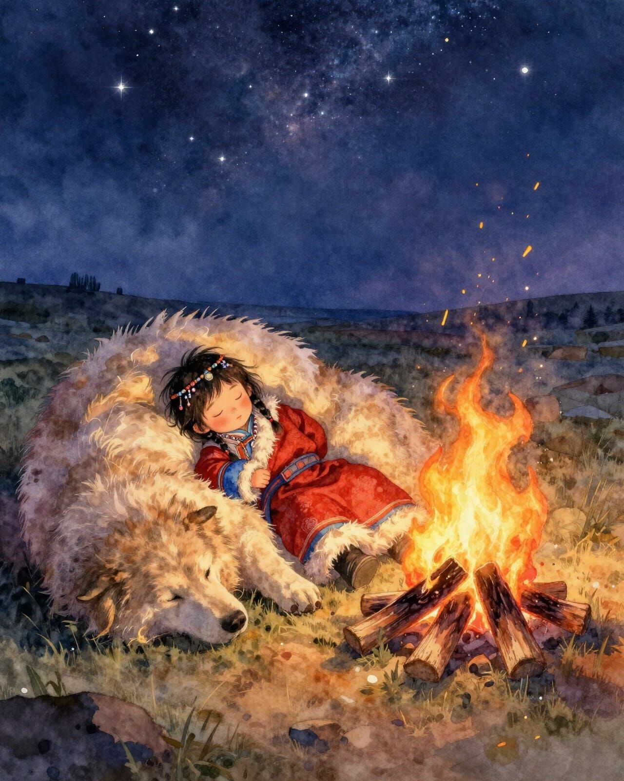 Child Sleeping Safely Under Stars with Fluffy Dog