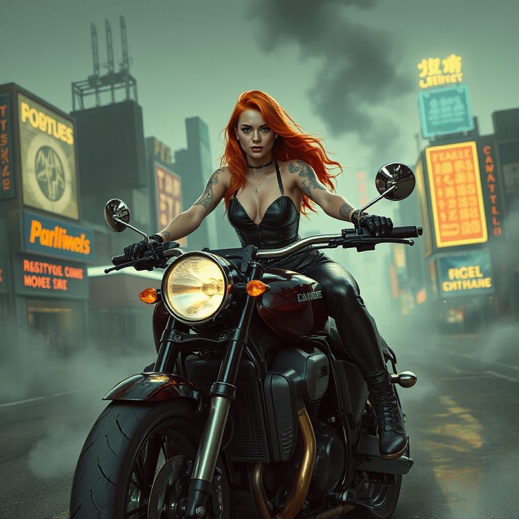 Futuristic Biker in Neon Cityscape