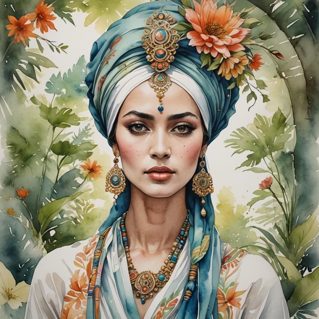 Woman in Turban: Pencil and Watercolor Fusion