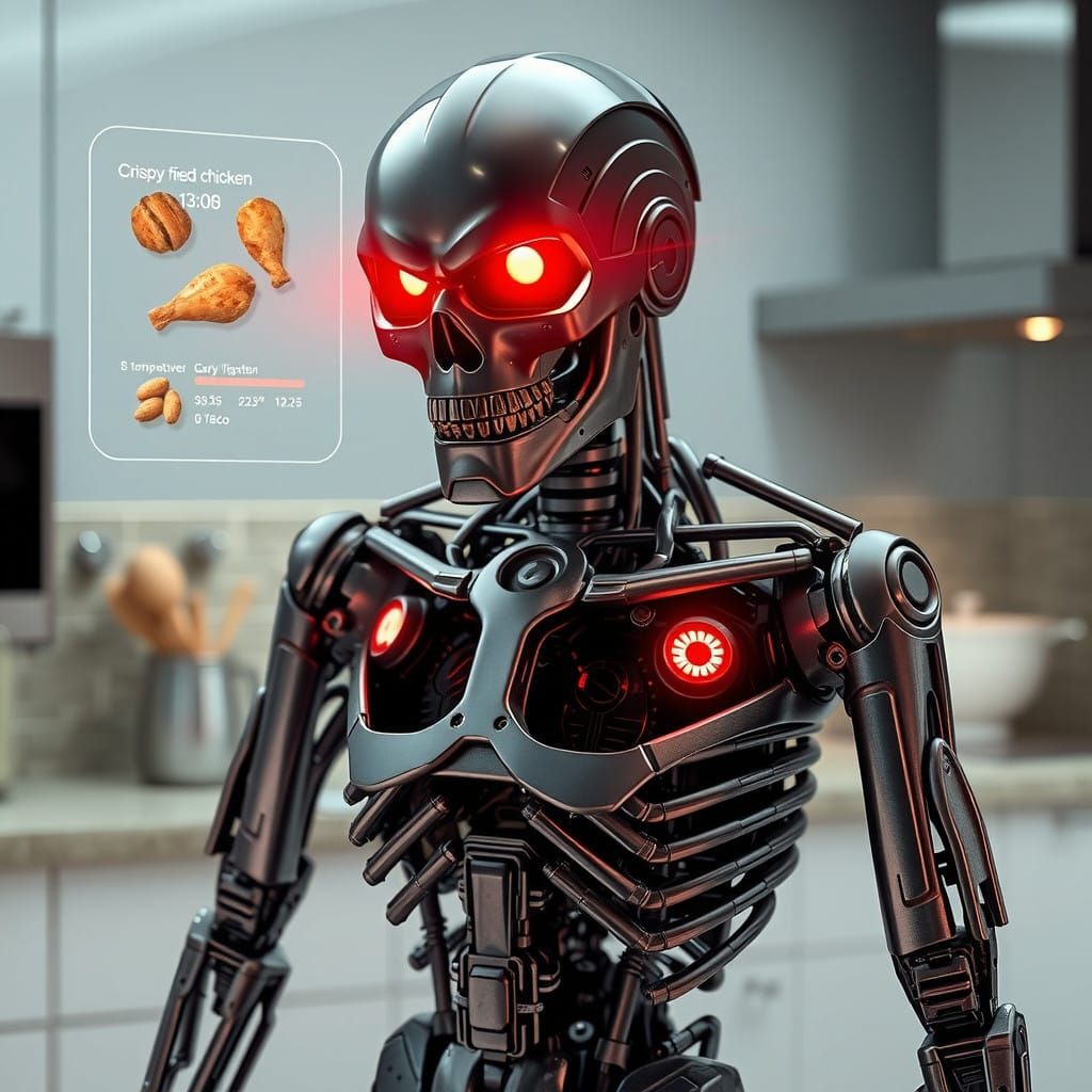 Cyborg Terminator Cooks Crispy Fried Chicken in Modern Kitch...