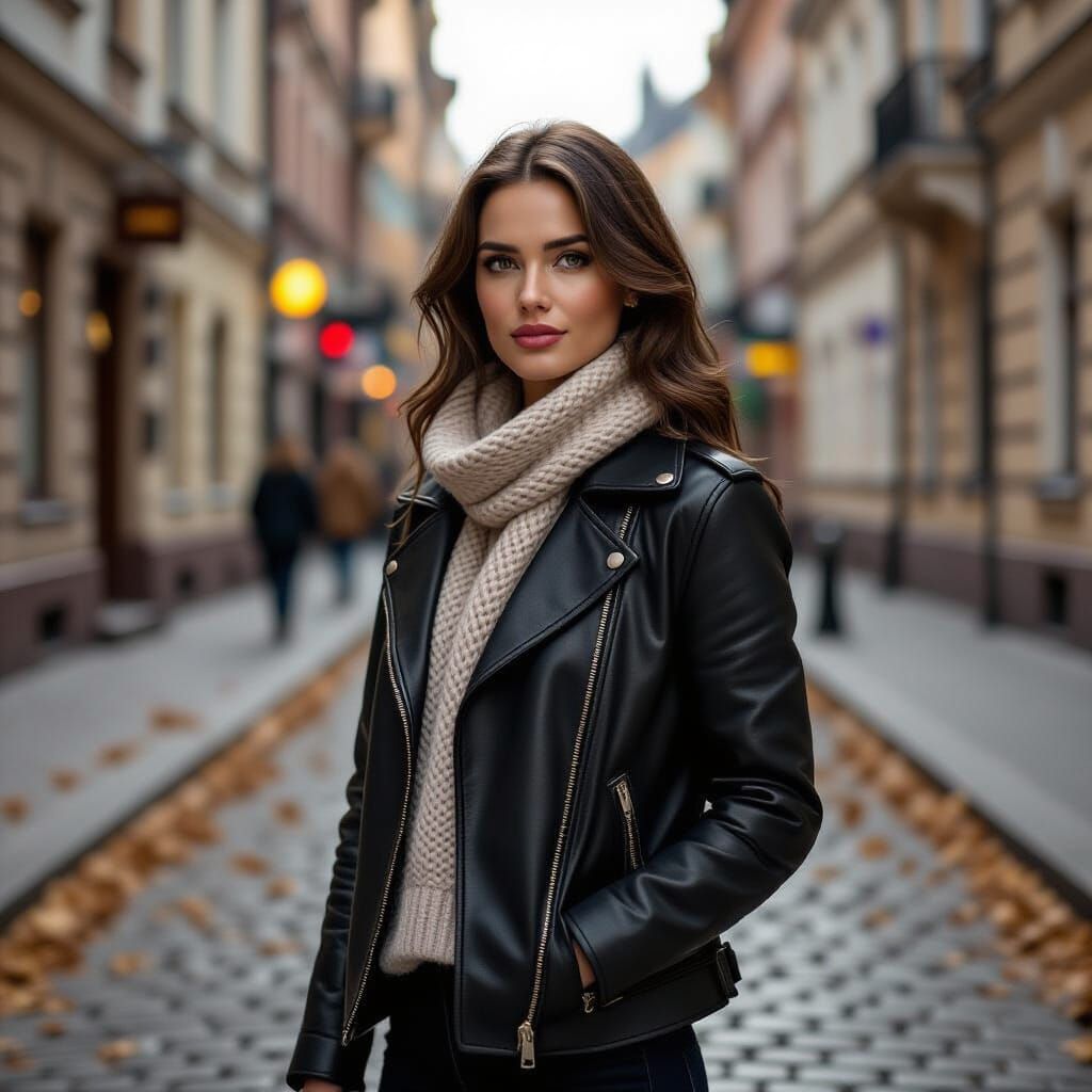 Realistic Woman on Autumn Street in Cinematic Style