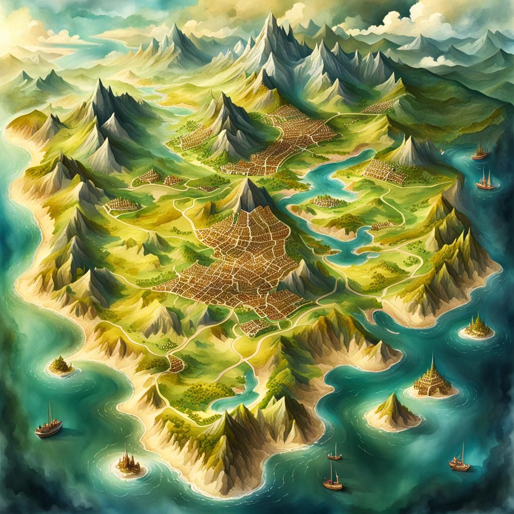 Medieval Fantasy Map of Valderis in Watercolor Style