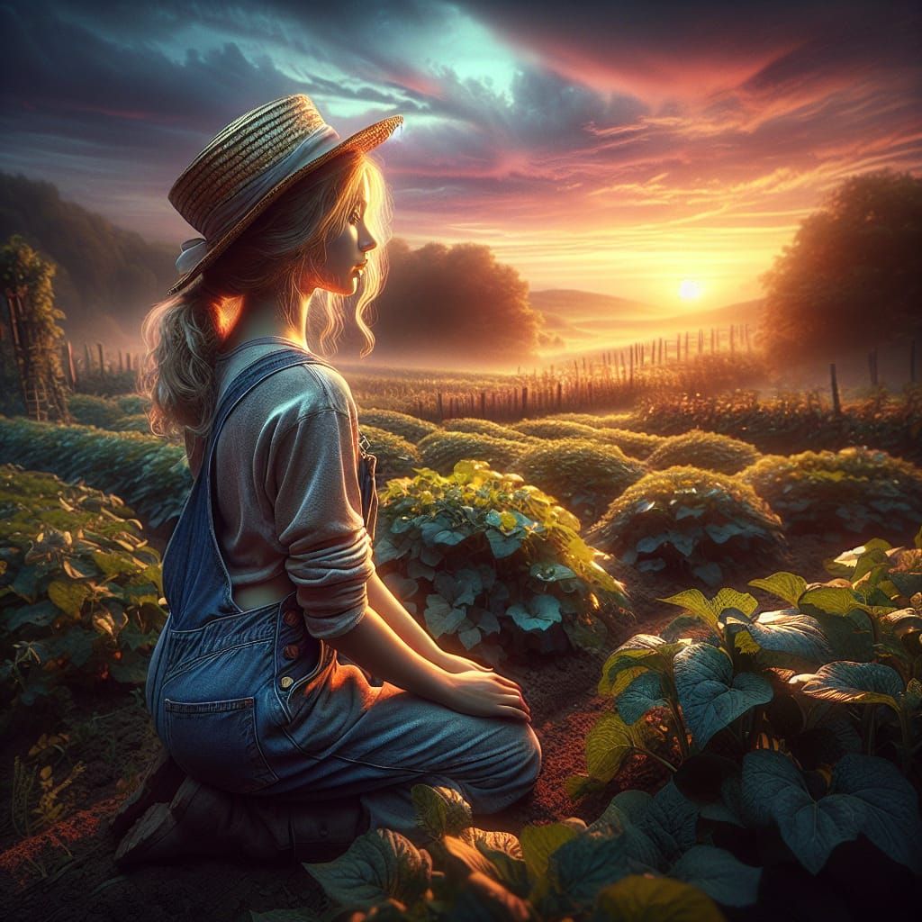 Farm Girl Gazing at Sunset in Fantasy Garden
