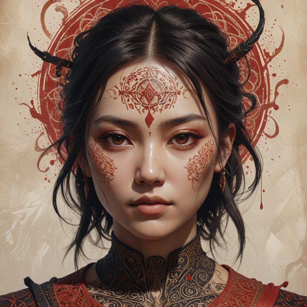 Pinhead in Elegant Asian Art Style with Intricate Rune Patte...