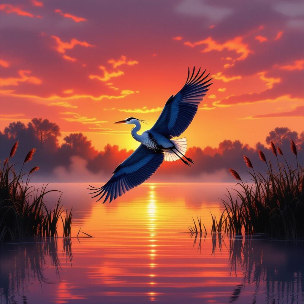Great Blue Heron Sunset Flight in Tranquil Style