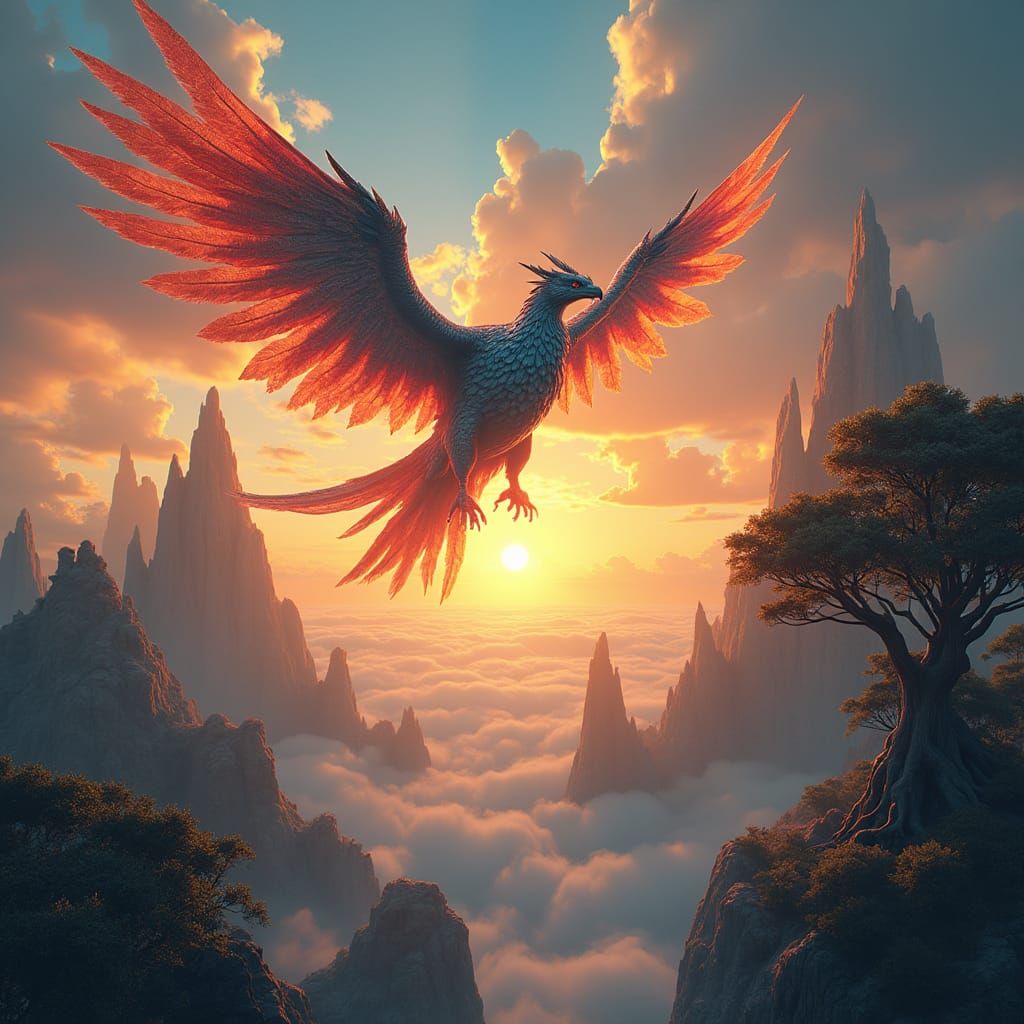 Phoenix and Dragon Soaring at Sunset