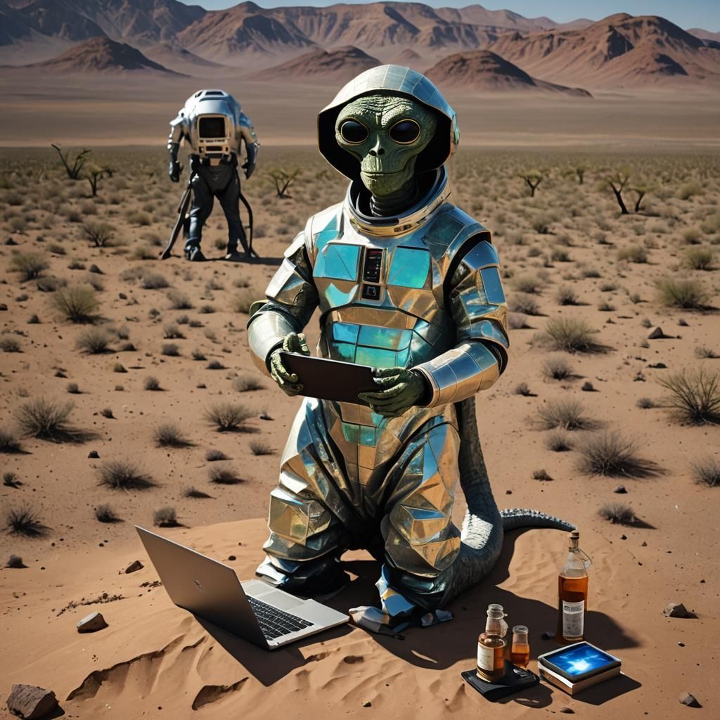 Reptilian Alien Teaching in Desert, Astral Illustration