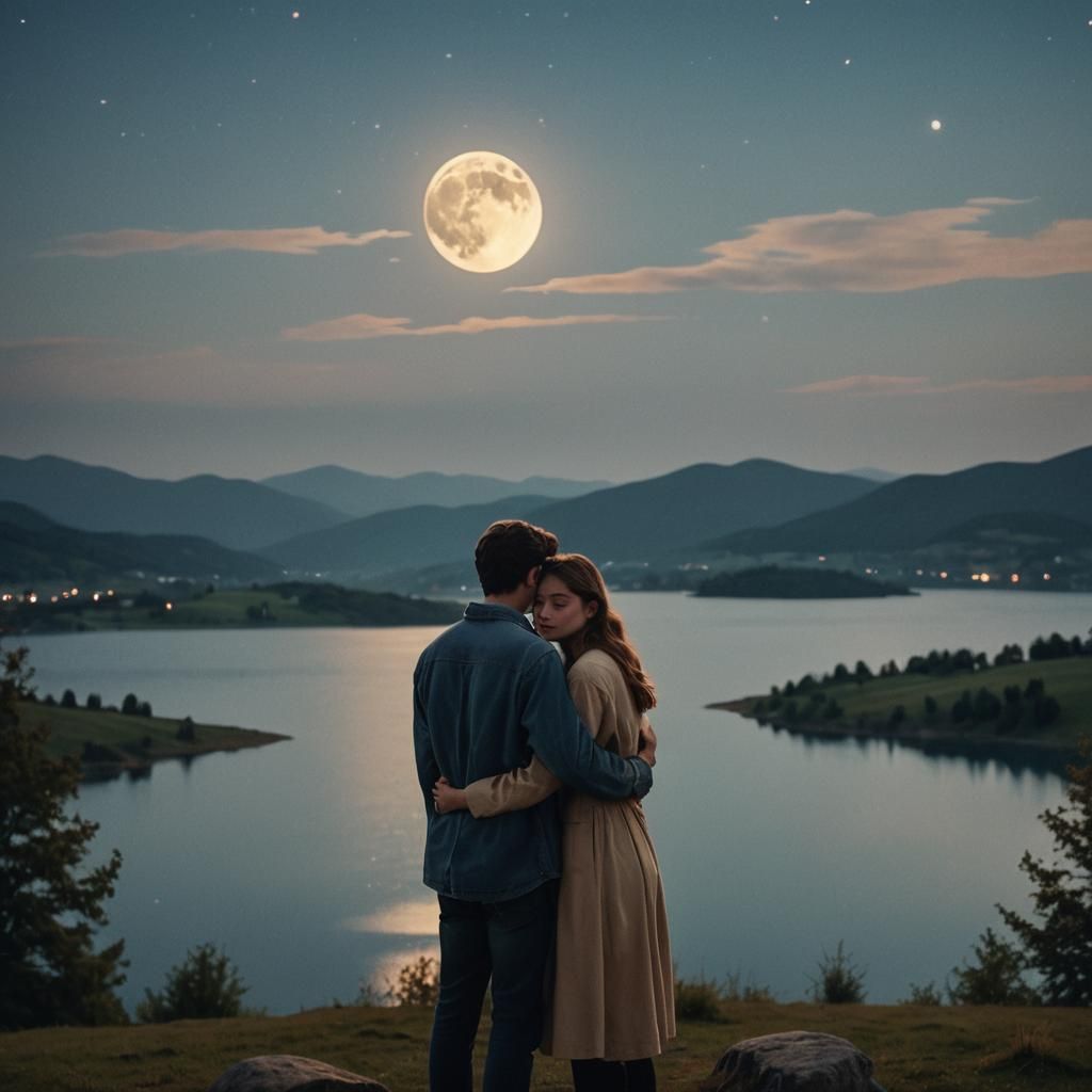 Romantic Couple Embracing Under Moonlight: Dreamy Photograph...