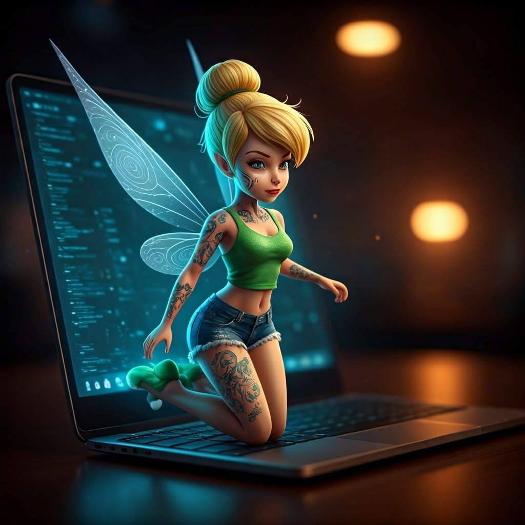 Cyberpunk Tinkerbell Emerges from Laptop Screen