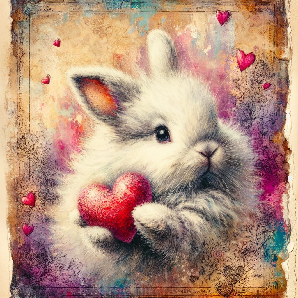 Vintage Romantic Fluffy Rabbit Holding Heart