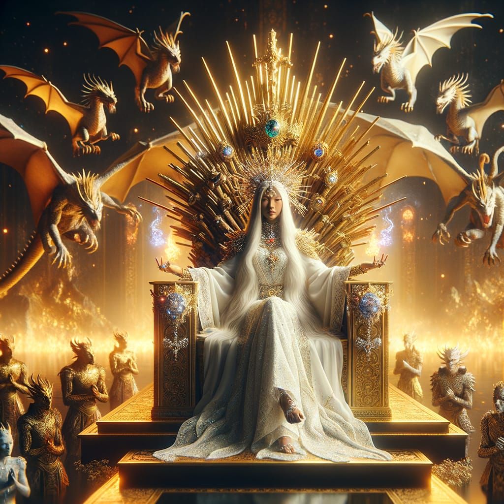 Fantasy Queen on Throne of Crowns, Digital Art
