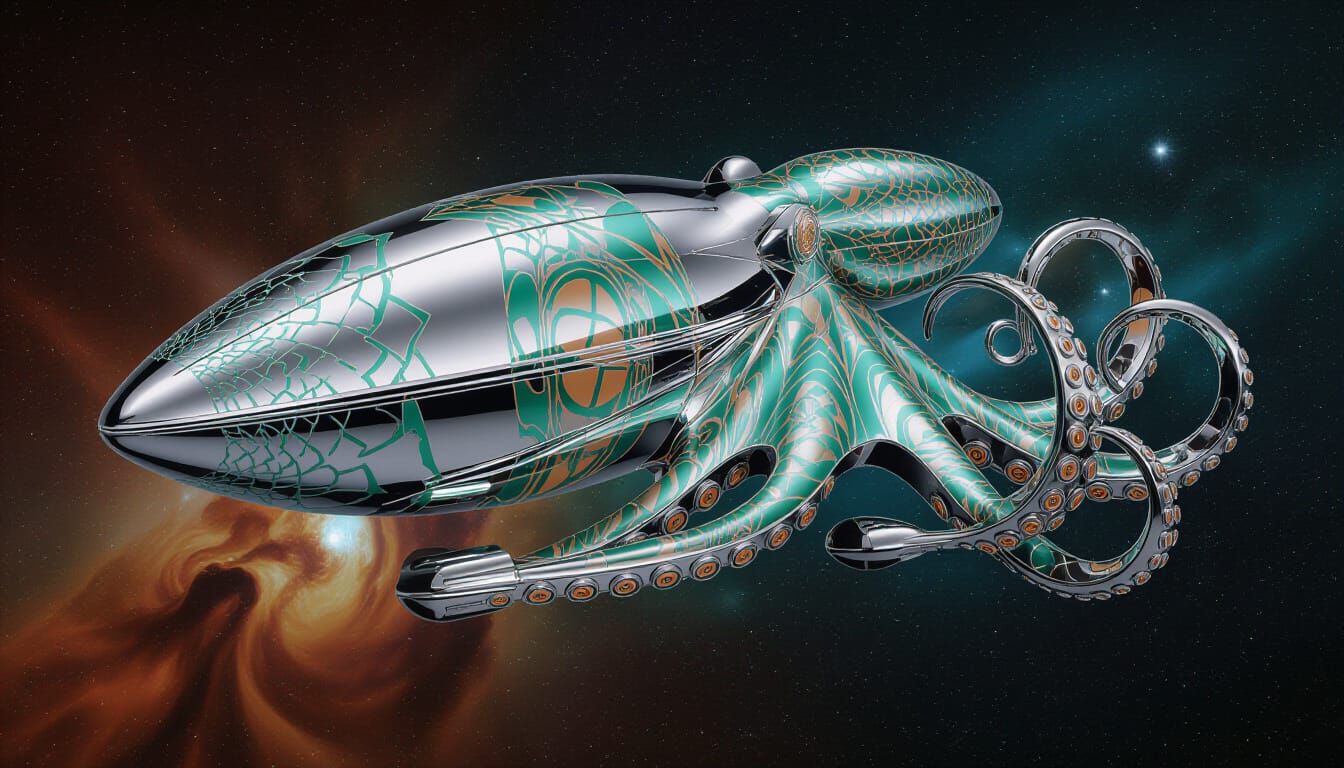 Art Deco Octopus Spaceship in Nebula