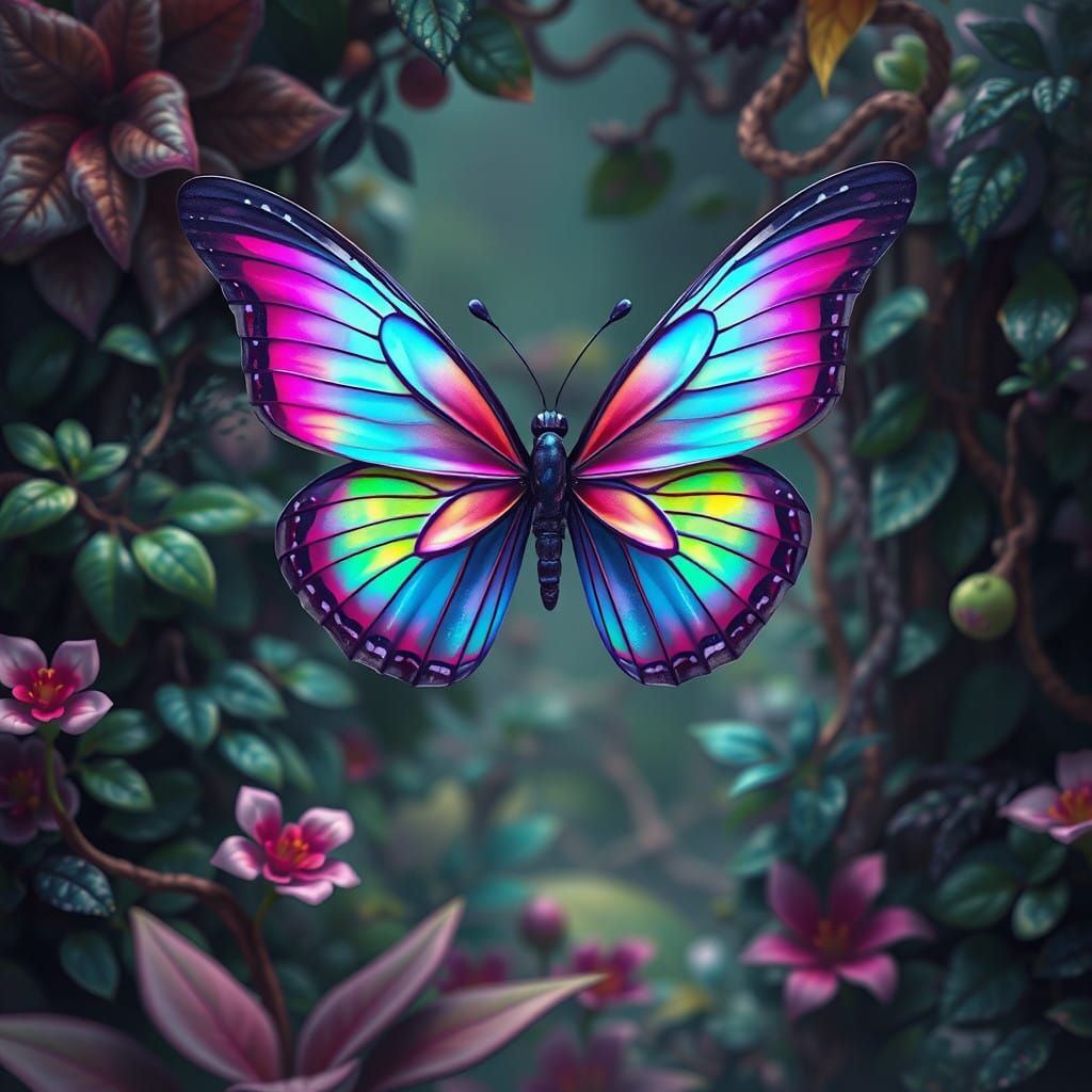 Iridescent Butterfly in Fantastical Landscape