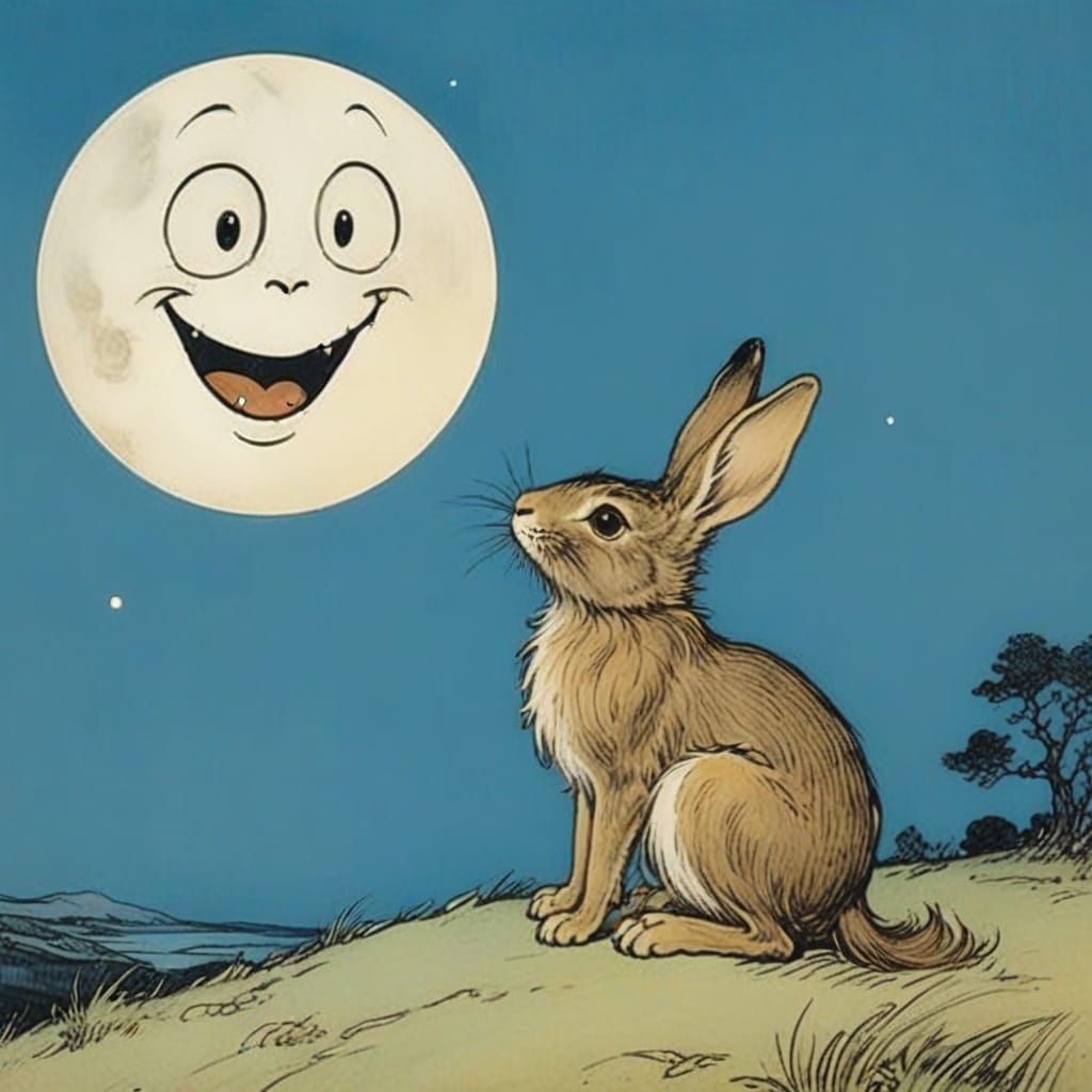 Arthur Rackham Style Moon Smiles at Rabbit
