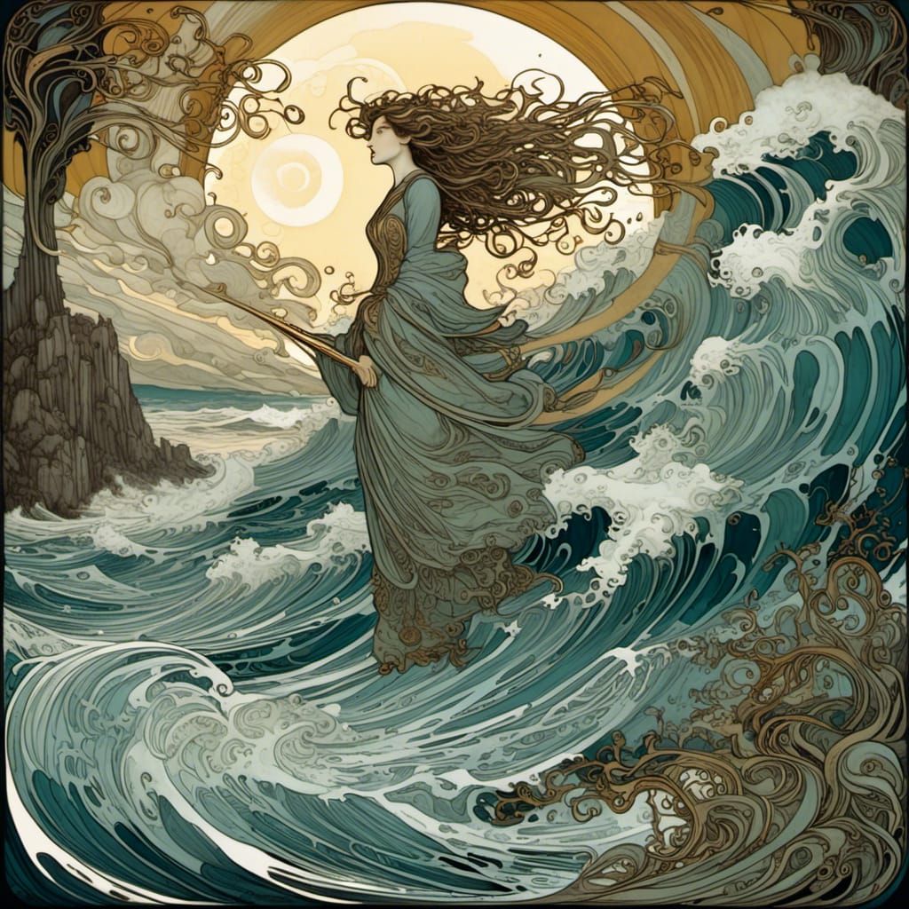 Art Nouveau Druidess Amidst Stormy Chaos