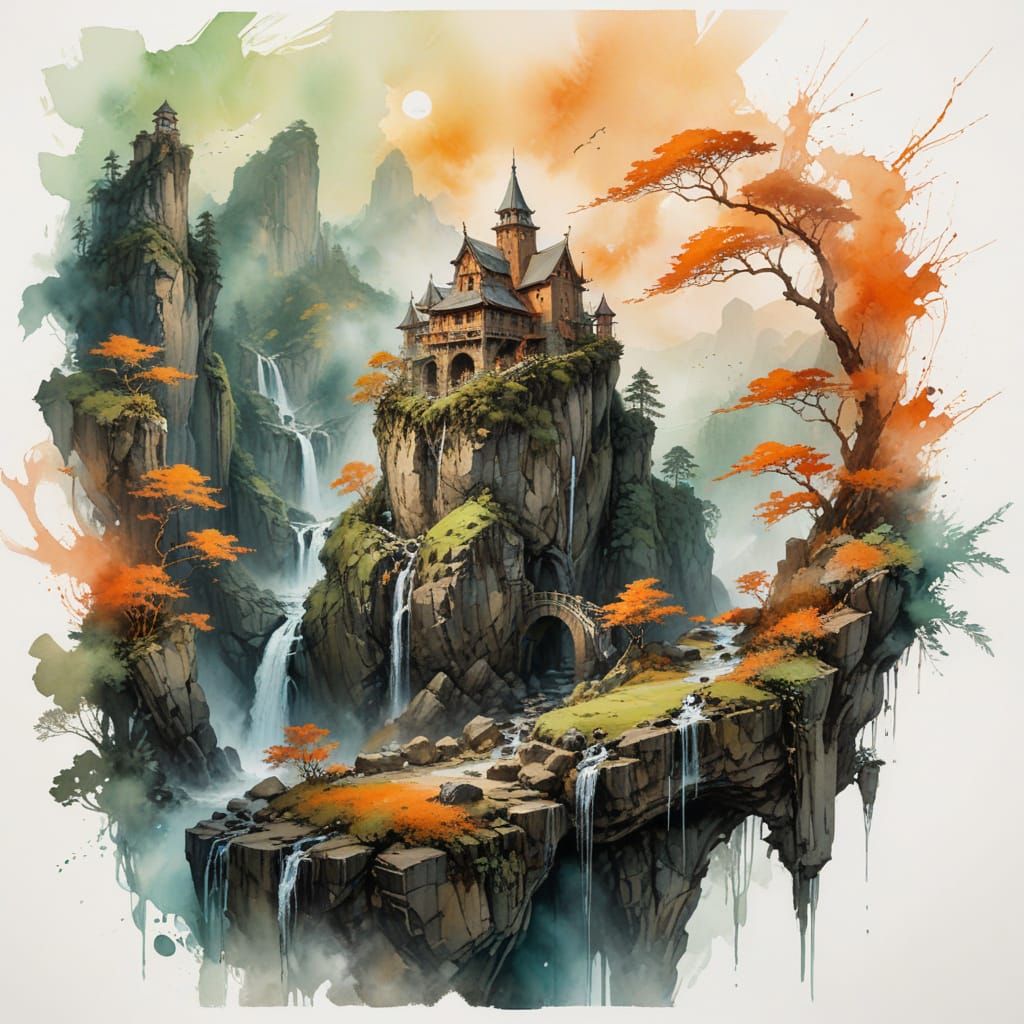 Ancient Fortress Under Vibrant Orange Sky