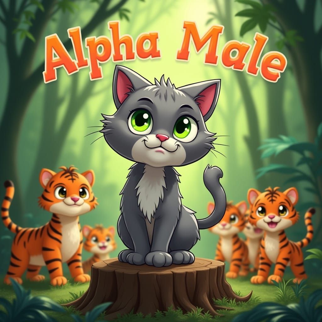 Confident Cartoon Cat Reigns Jungle Kingdom