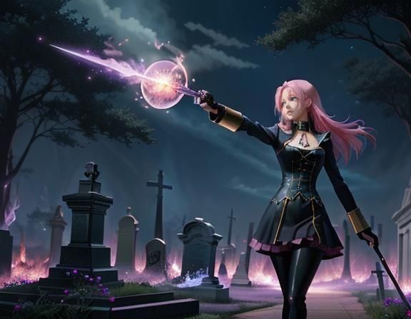 Anime Sorceress Wields Elemental Magic in Cemetery