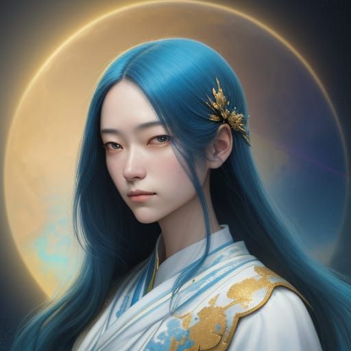 Surreal Portrait of a Woman with Blue Hair and Gold Accents