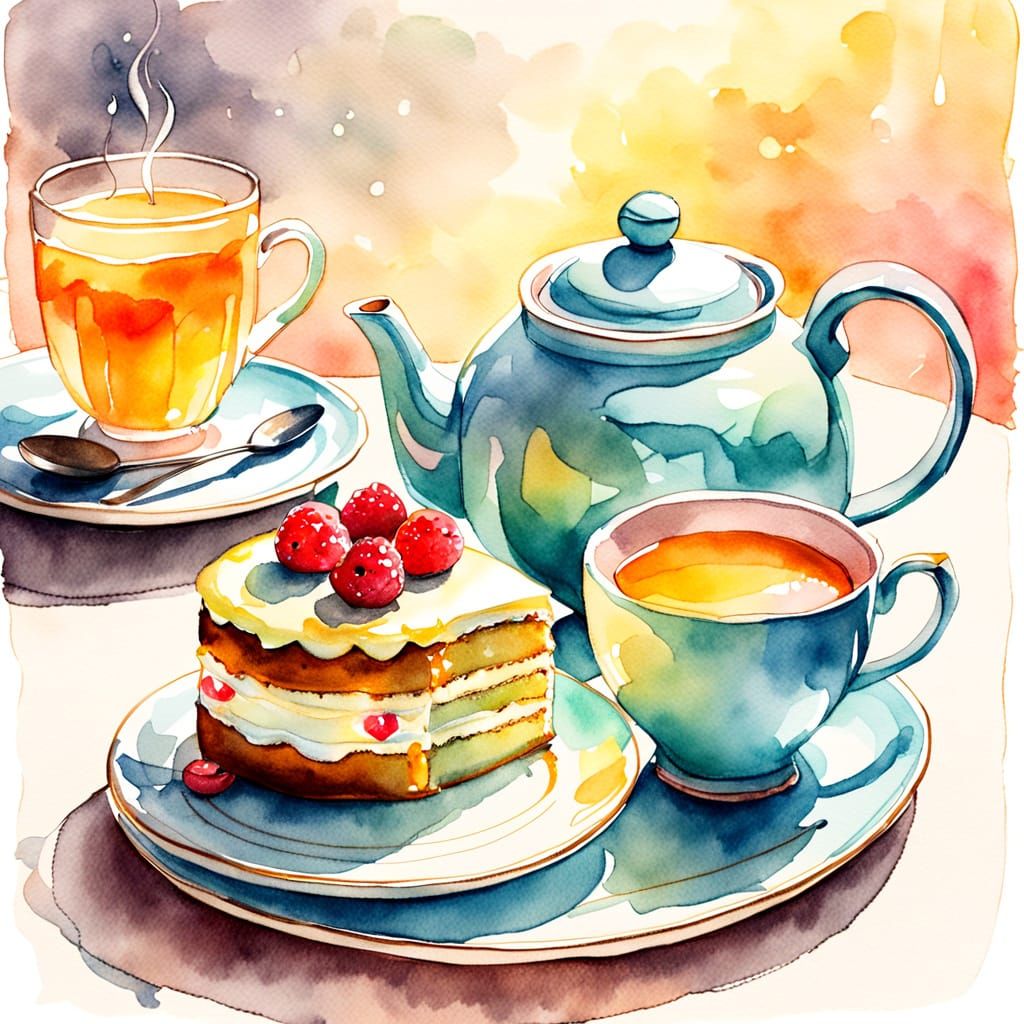 Watercolor Still Life: Teapot, Cup, and Cake