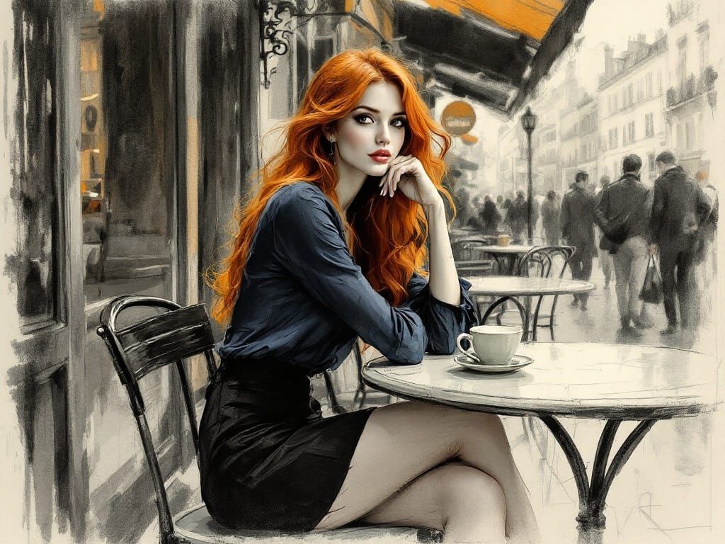 Fashionable Woman in Café, Charcoal Figure Study