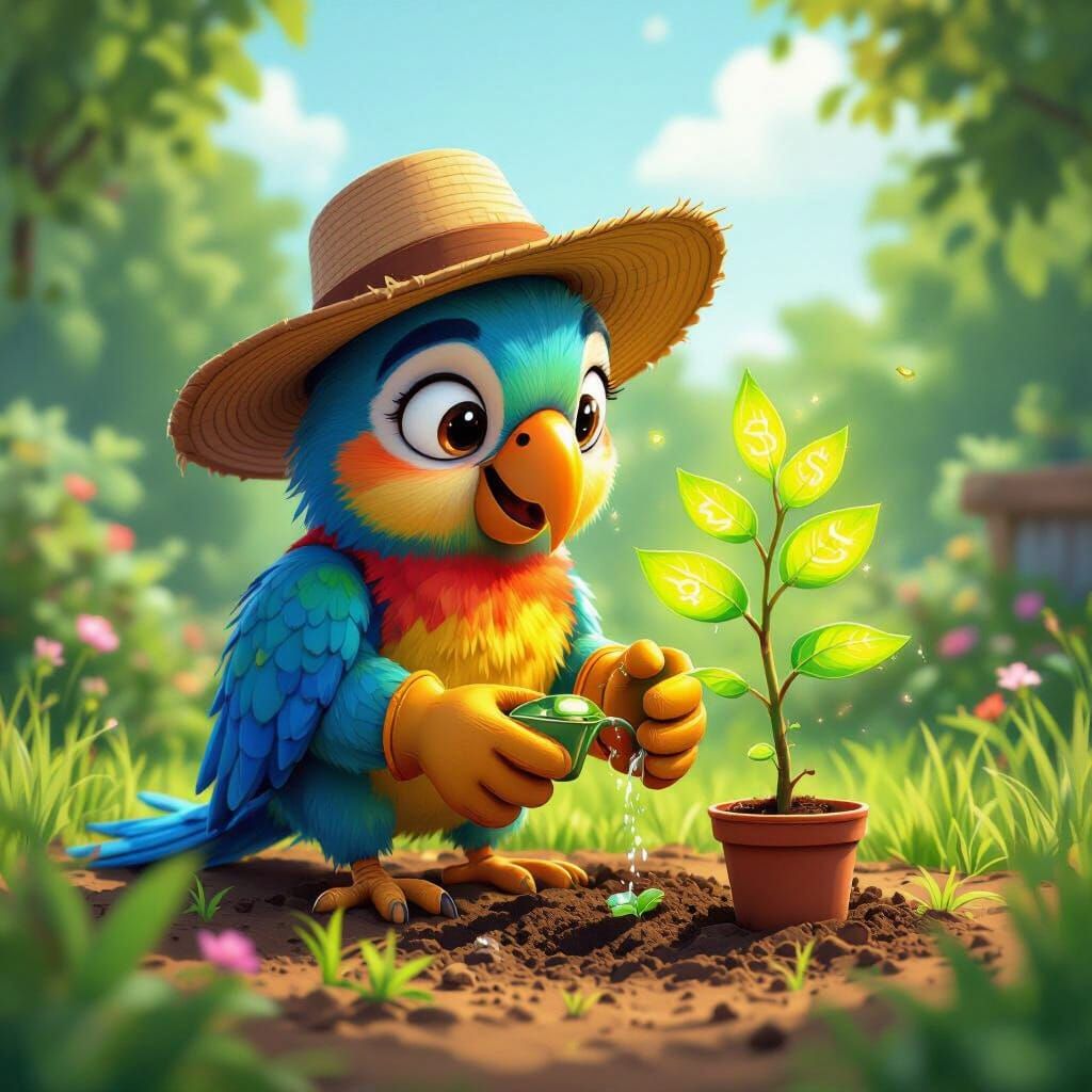 Cartoon Parrot Farmer Plants Magical Money Tree