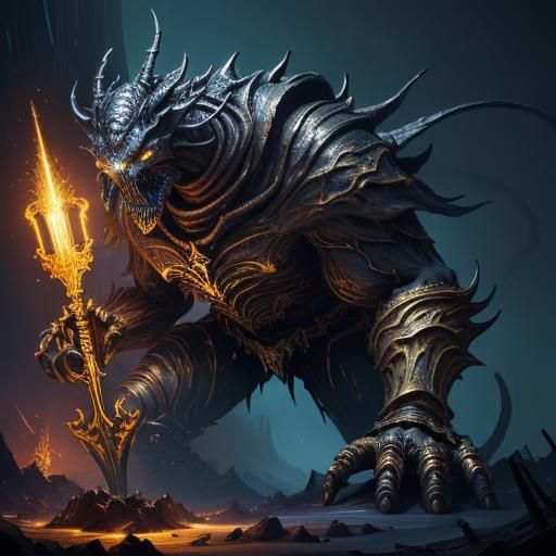 Colossal Golden Shovel Creature in Dark Fantasy Style