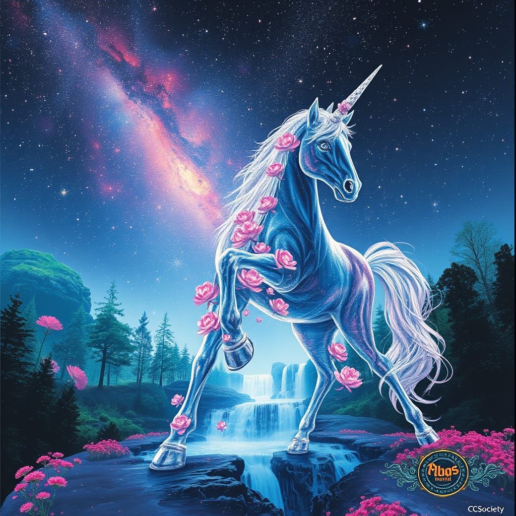 Ethereal Glass Unicorn Amidst Cosmic Splendor