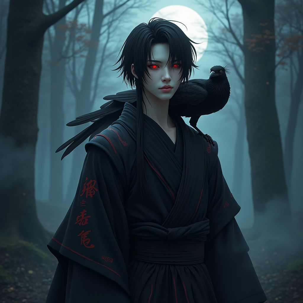 Mystical Japanese Warrior in Fog-Shrouded Forest