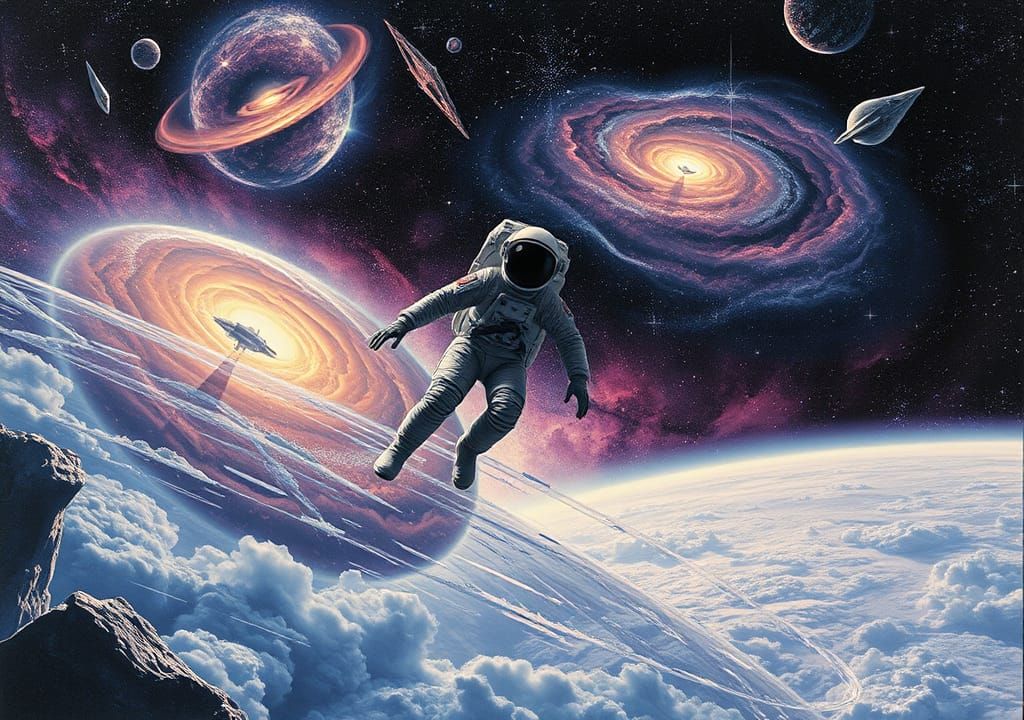 Astronaut Amidst Cosmic Wonders: A Digital Collage