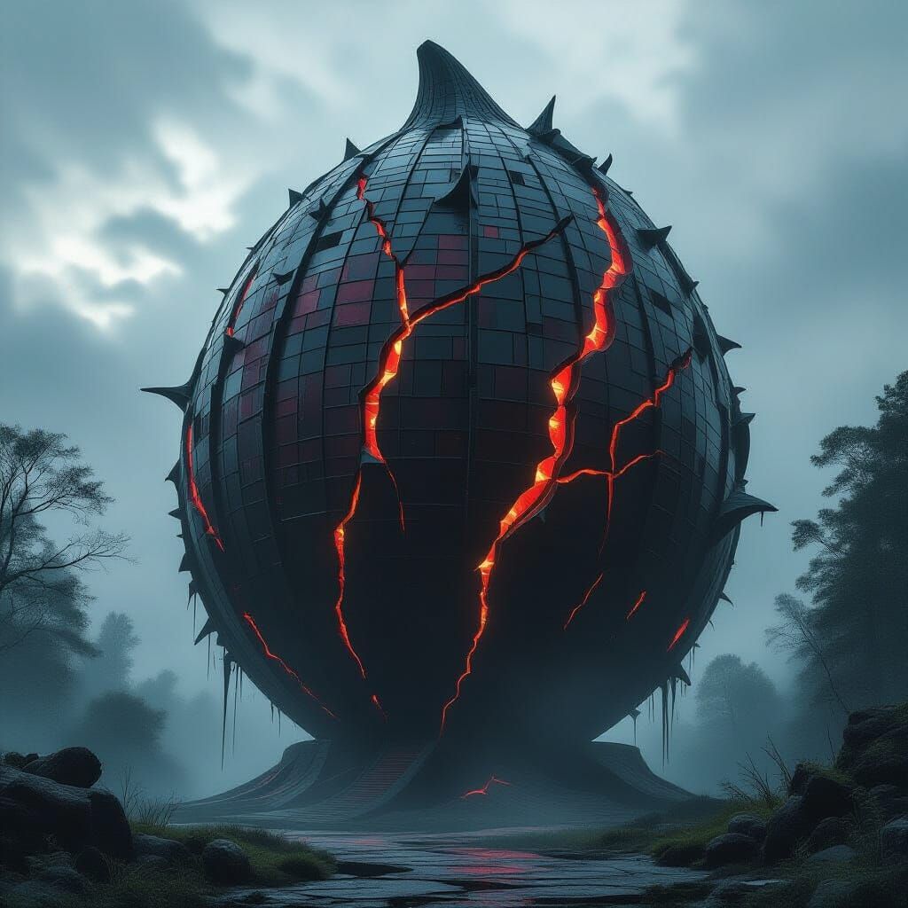 Gaudí-Style Coconut Monument in Foggy Forest