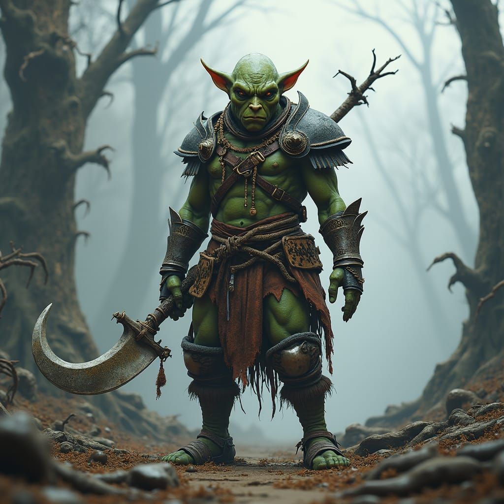 Goblin Warrior in Dark Fantasy Landscape, Matte Painting