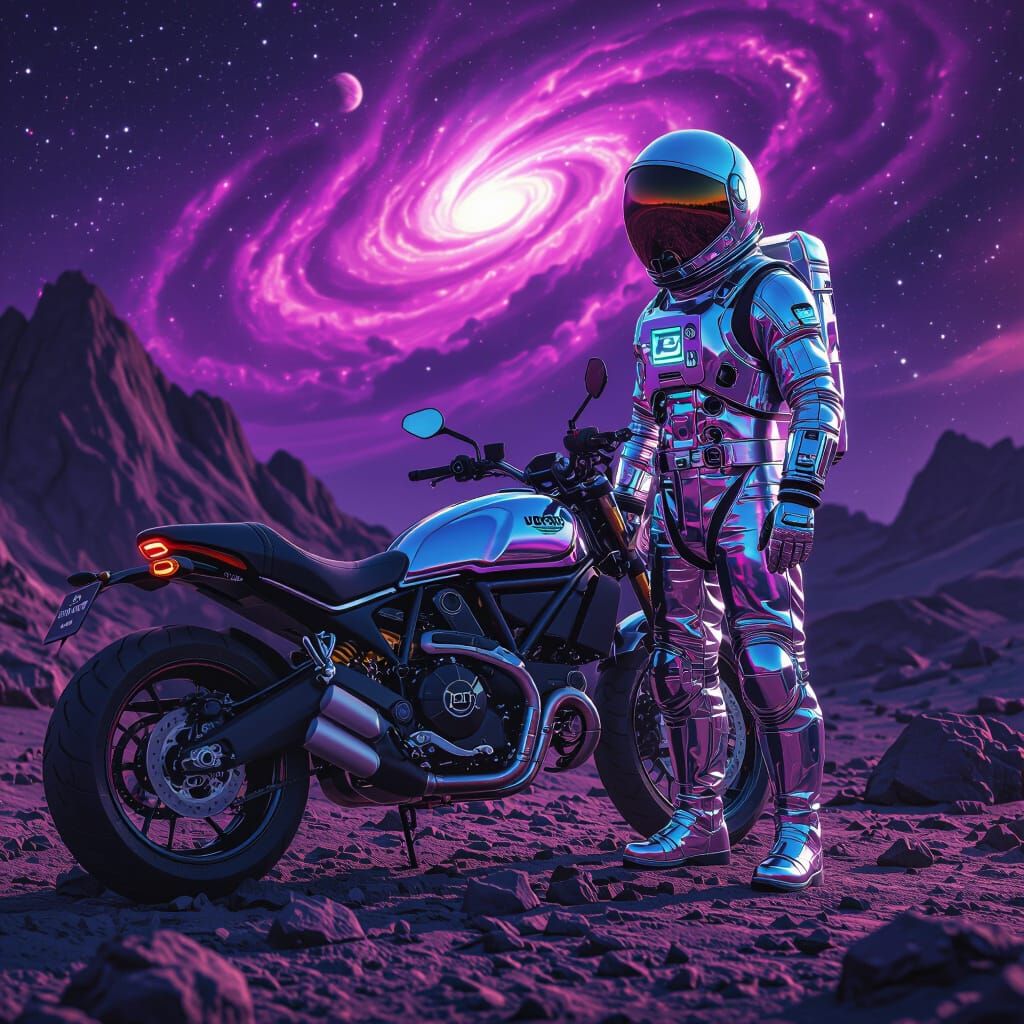 Astronaut and Ducati Scrambler on Alien Planet