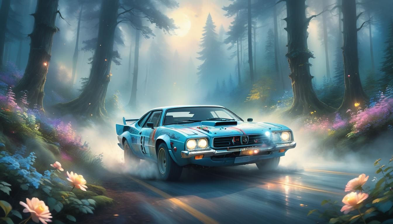 Ethereal Rally Car in Misty Forest, Kinkade Style