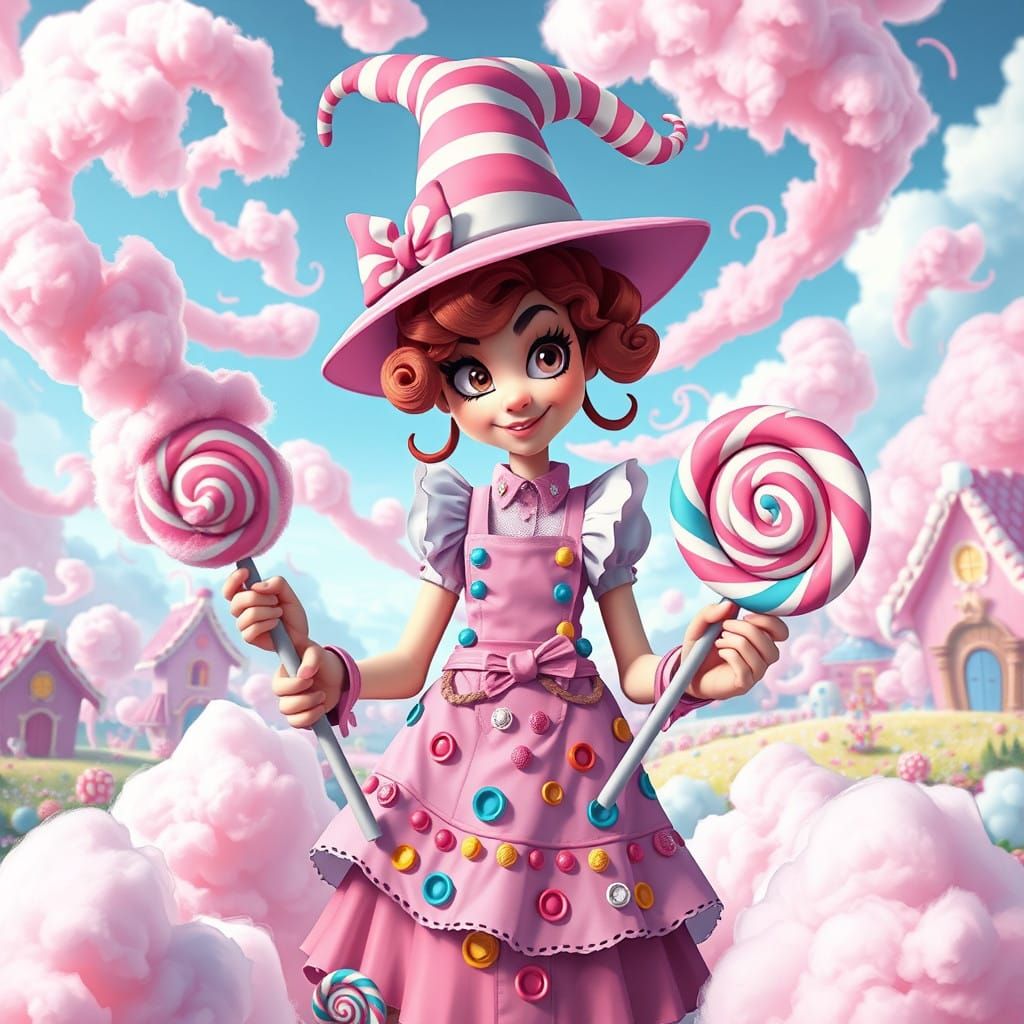 Enchanted Cotton Candy Witch Conjured in Vibrant Candyland