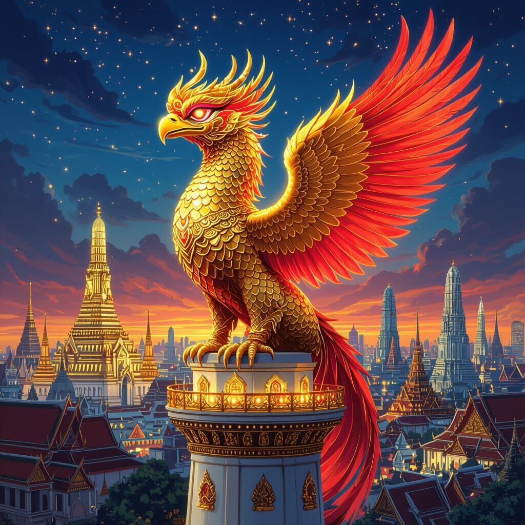 Golden Griffin Perched Atop Futuristic Thai Lighthouse