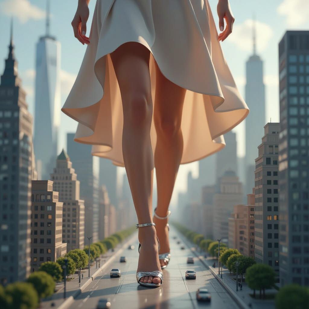 Giga Giantess Striding Through Miniature Cityscape