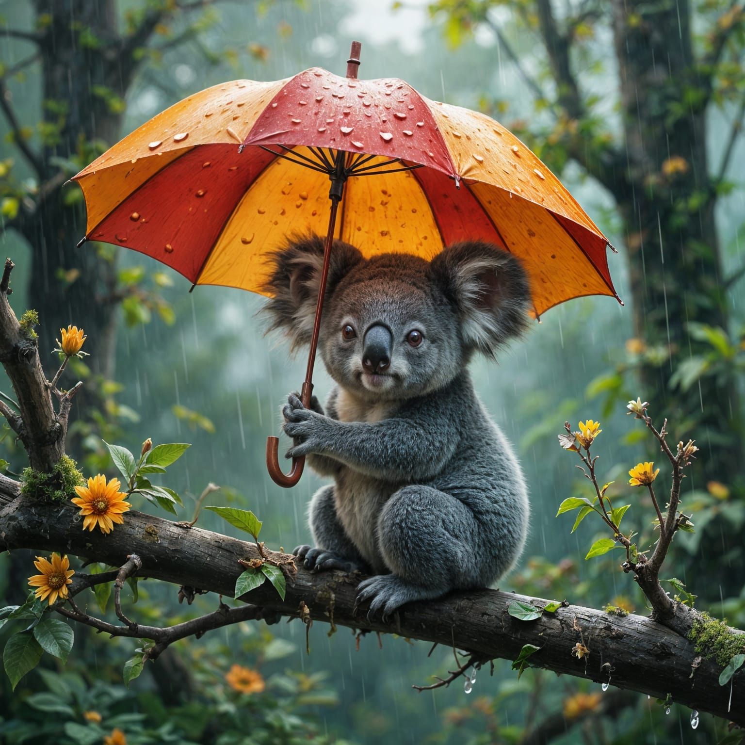 Cute Koala With Umbrella in Gentle Rain