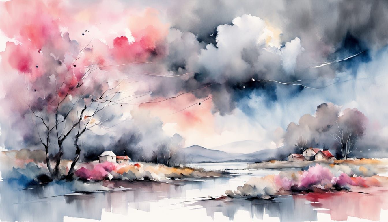 Whimsical Stormy Day in Watercolor Style