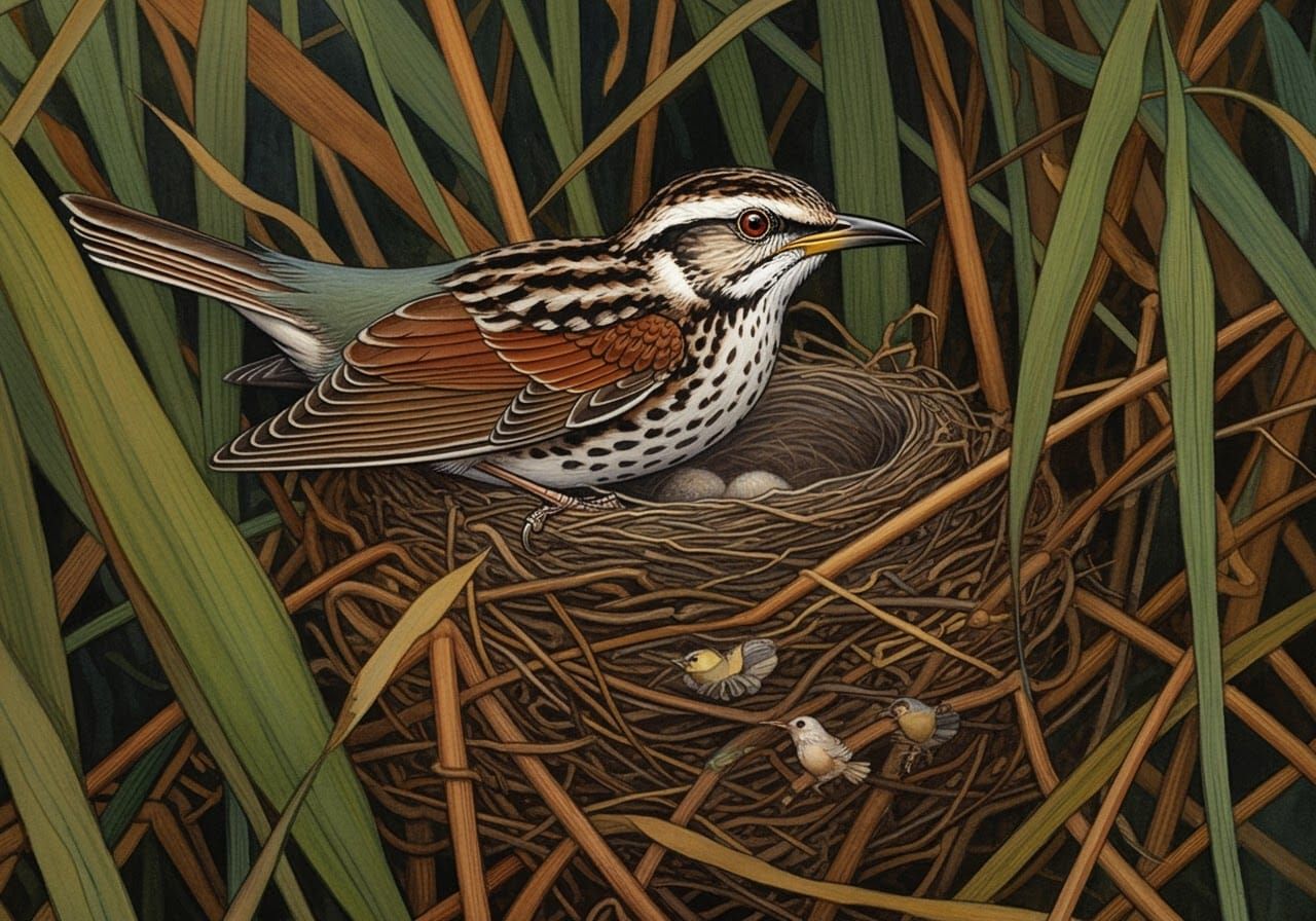 Bird in Reeds Nest: Detailed Fantasy Art