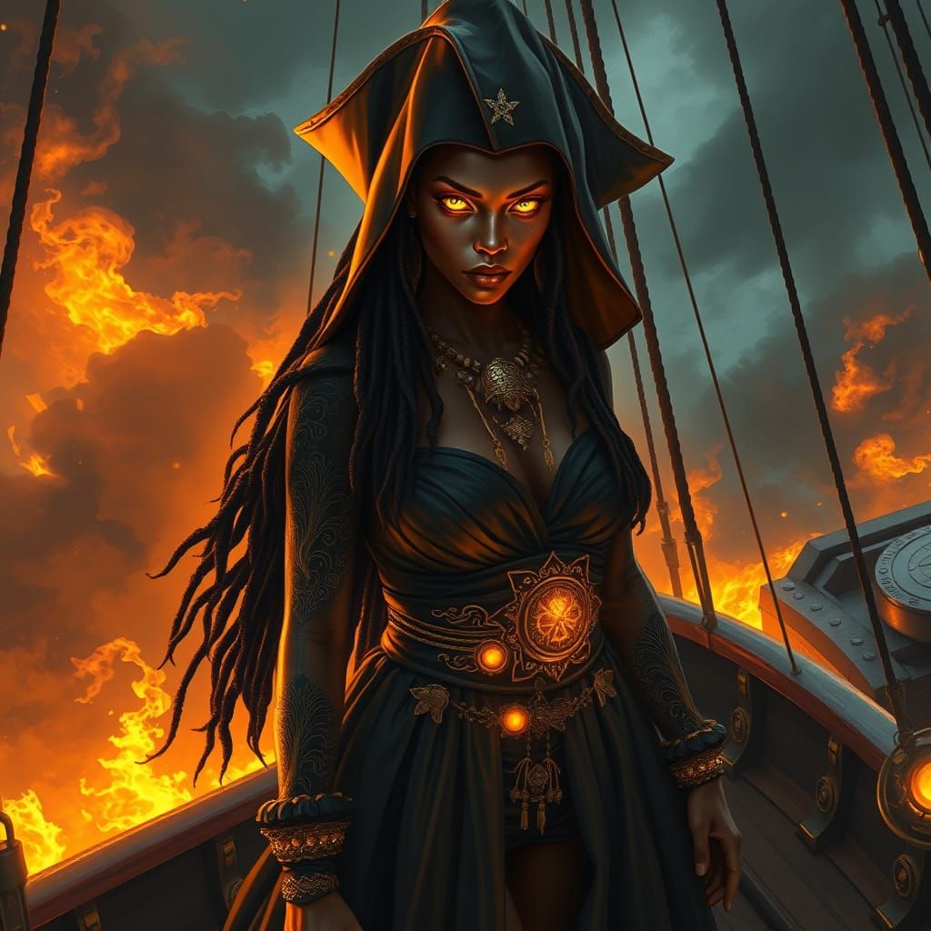 Ebony Pirate Woman on Battleship Deck in Noir Style