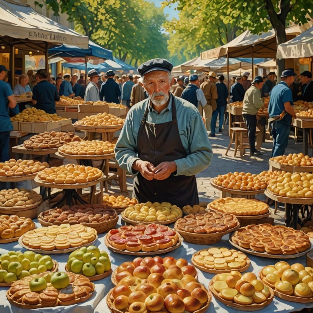 Impressionist Apple Tart Stand in Bustling Market